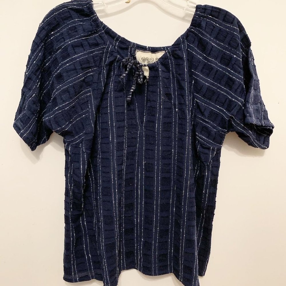 Ace & Jig Navy Blue Striped Textured Short Sleeve Blouse